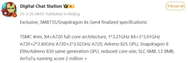 Названы ключевые характеристики процессора Snapdragon 8s Gen 4